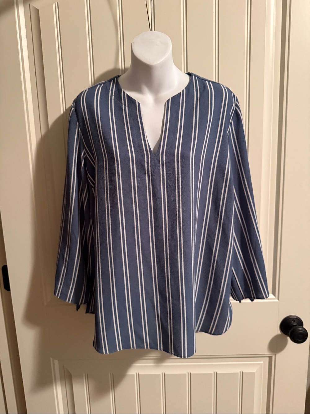 Michael Kors Navy and White Vertical-Stripe Split-Neck Blouse